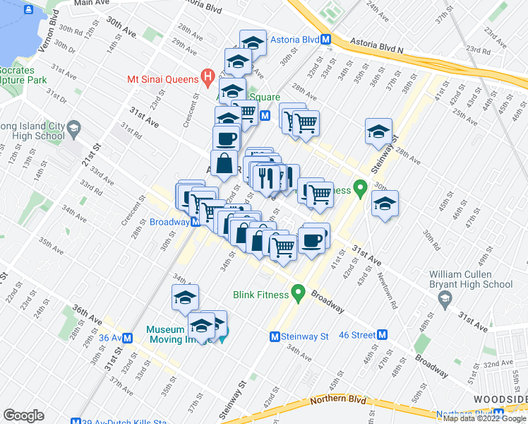 map of restaurants, bars, coffee shops, grocery stores, and more near 31-23 34th Street in Queens