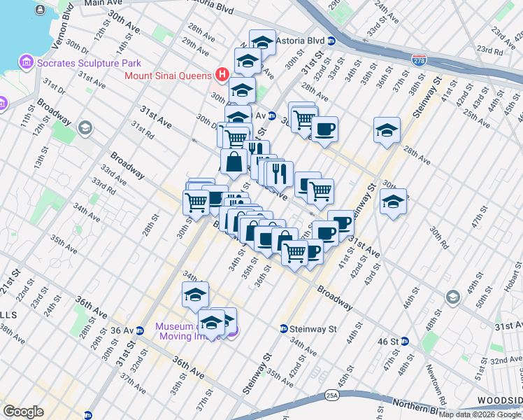 map of restaurants, bars, coffee shops, grocery stores, and more near 31-23 34th Street in Queens