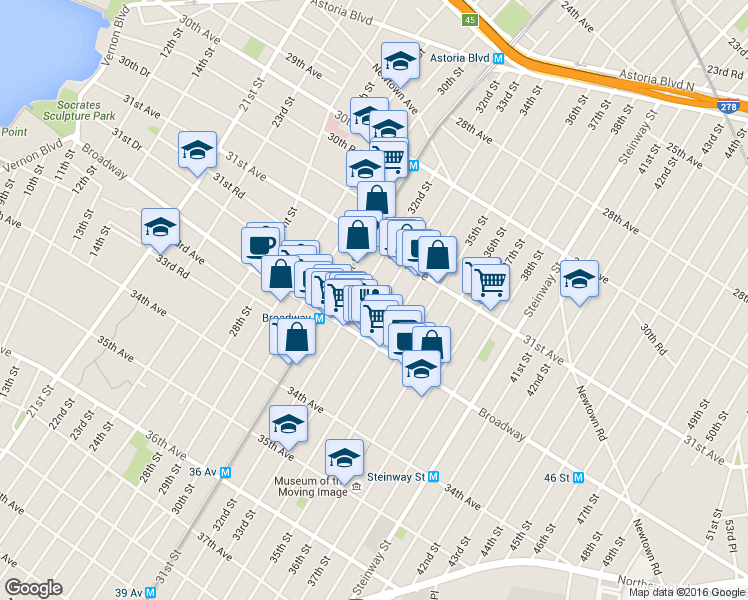 map of restaurants, bars, coffee shops, grocery stores, and more near 31-40 33rd Street in Queens