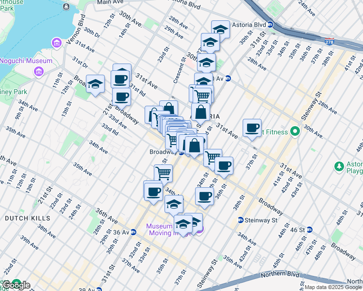 map of restaurants, bars, coffee shops, grocery stores, and more near 30-01 Broadway in Queens