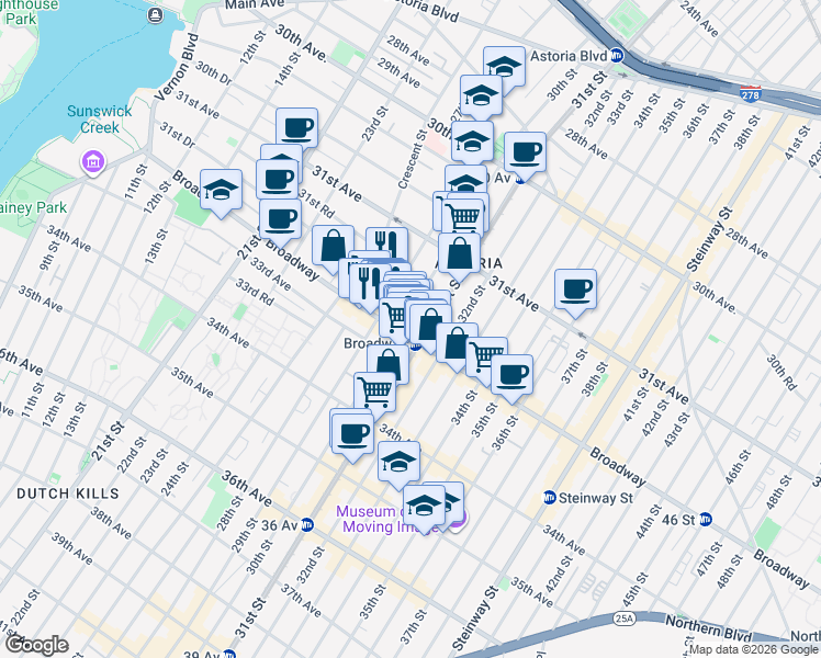 map of restaurants, bars, coffee shops, grocery stores, and more near 29-11 Broadway in Queens