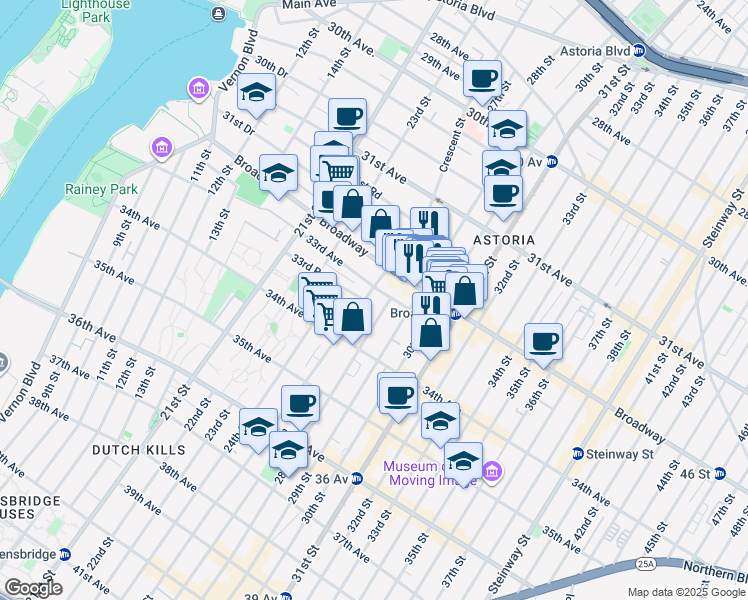 map of restaurants, bars, coffee shops, grocery stores, and more near 33-07 Crescent Street in Queens