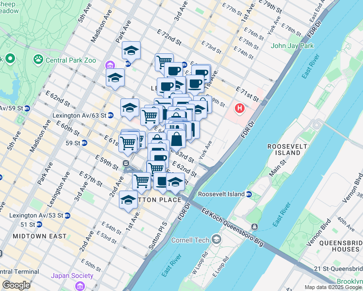 map of restaurants, bars, coffee shops, grocery stores, and more near 403 East 64th Street in New York