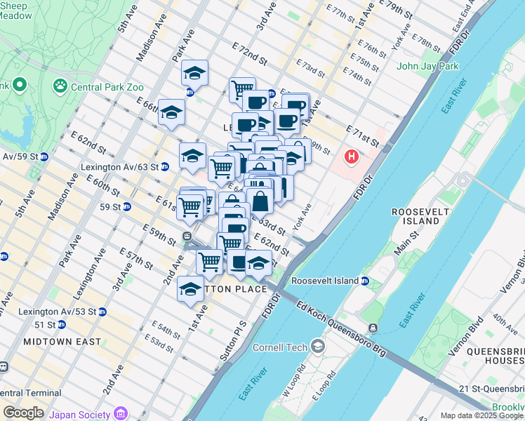 map of restaurants, bars, coffee shops, grocery stores, and more near 403 East 64th Street in New York