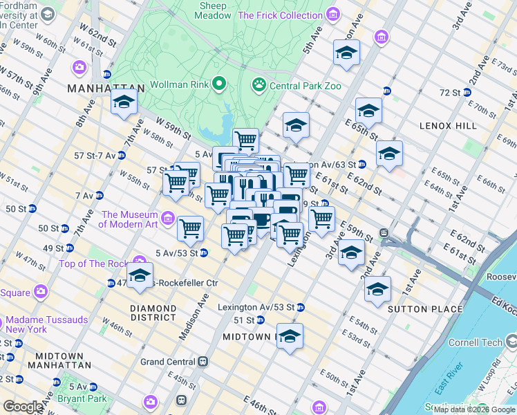 map of restaurants, bars, coffee shops, grocery stores, and more near 592 Madison Avenue in New York