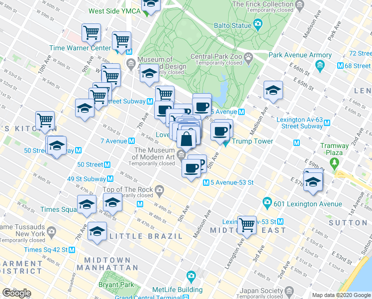 map of restaurants, bars, coffee shops, grocery stores, and more near 48 West 55th Street in New York