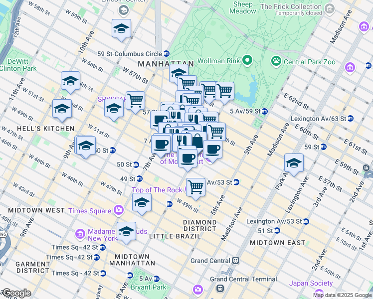 map of restaurants, bars, coffee shops, grocery stores, and more near 1301 6th Avenue in New York