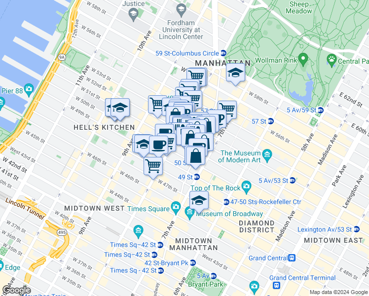 map of restaurants, bars, coffee shops, grocery stores, and more near 217 West 51st Street in New York