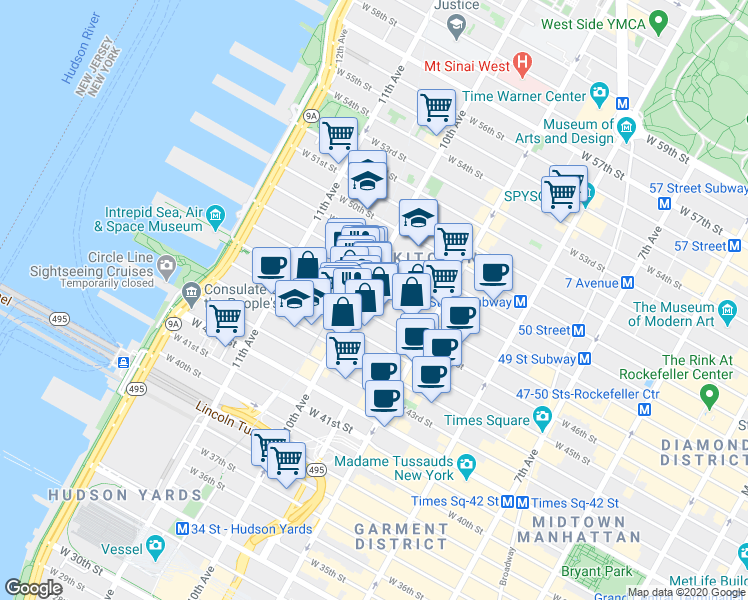 map of restaurants, bars, coffee shops, grocery stores, and more near 456 West 47th Street in New York
