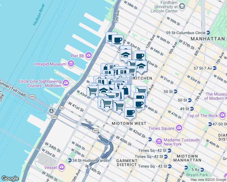 map of restaurants, bars, coffee shops, grocery stores, and more near 530 West 46th Street in New York