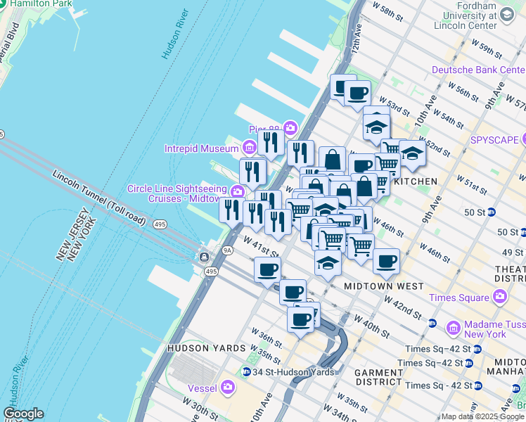 map of restaurants, bars, coffee shops, grocery stores, and more near 643 West 43rd Street in New York