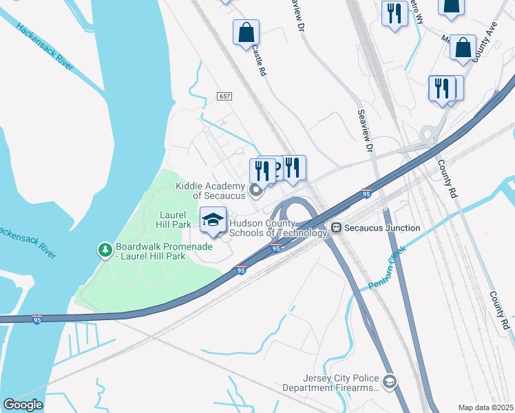 map of restaurants, bars, coffee shops, grocery stores, and more near 1001 Riverside Station Boulevard in Secaucus