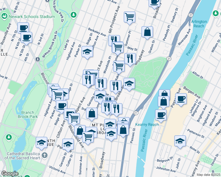 map of restaurants, bars, coffee shops, grocery stores, and more near 22 Wakeman Avenue in Newark