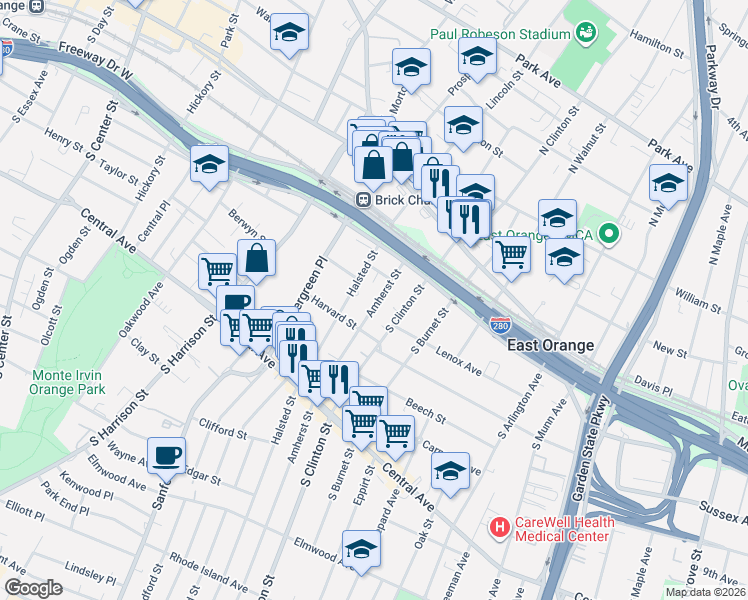 map of restaurants, bars, coffee shops, grocery stores, and more near 51 Amherst Street in East Orange