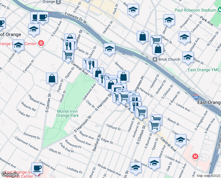 map of restaurants, bars, coffee shops, grocery stores, and more near 641 Central Avenue in East Orange