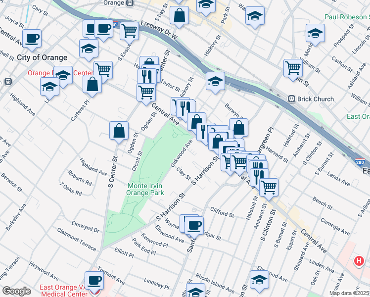 map of restaurants, bars, coffee shops, grocery stores, and more near 286-306 Oakwood Avenue in City of Orange