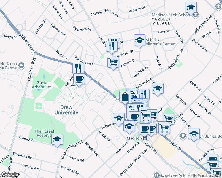 map of restaurants, bars, coffee shops, grocery stores, and more near 13 Madison Avenue in Madison