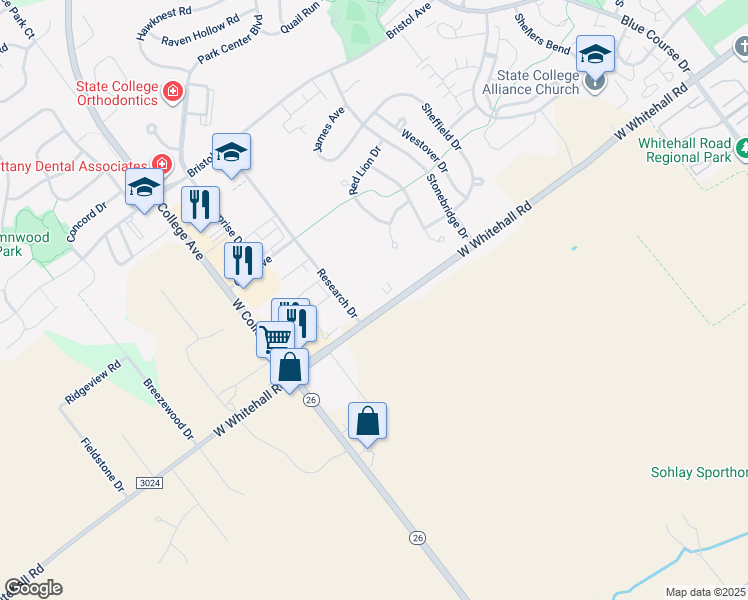 map of restaurants, bars, coffee shops, grocery stores, and more near 1949 State Route 3024 in State College