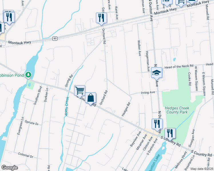 map of restaurants, bars, coffee shops, grocery stores, and more near 80 Orchard Road in East Patchogue