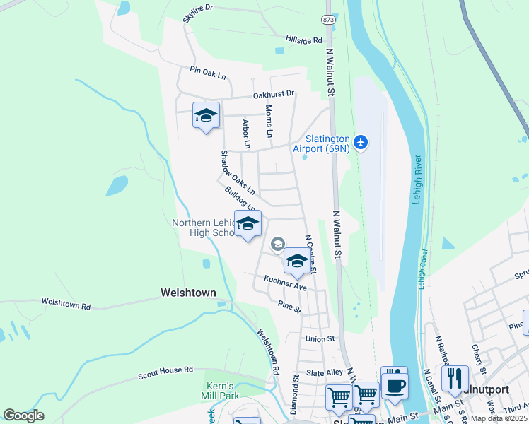 map of restaurants, bars, coffee shops, grocery stores, and more near 1055 Shadow Oaks Ln in Slatington