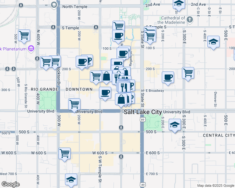 map of restaurants, bars, coffee shops, grocery stores, and more near 315 South Main Street in Salt Lake City