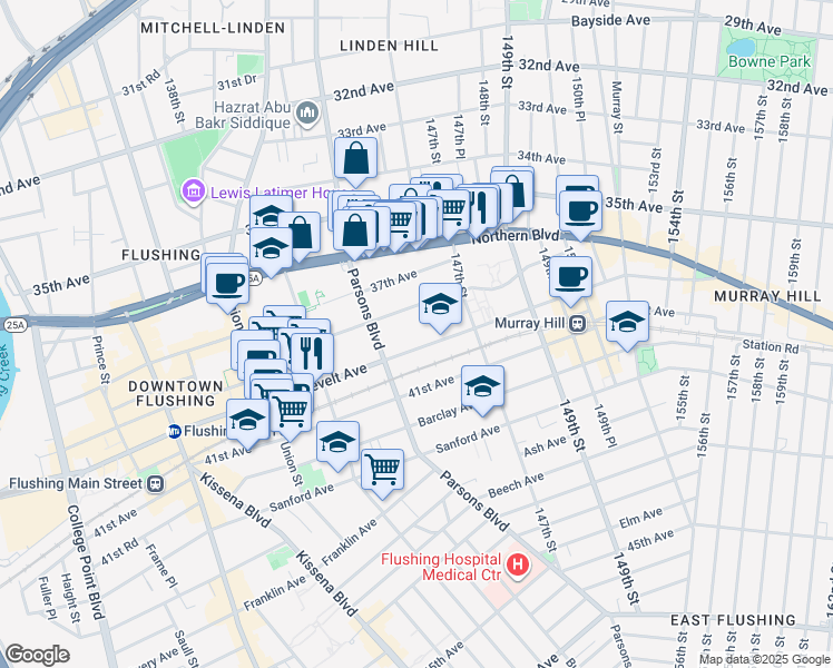 map of restaurants, bars, coffee shops, grocery stores, and more near 144-44 38th Avenue in Queens