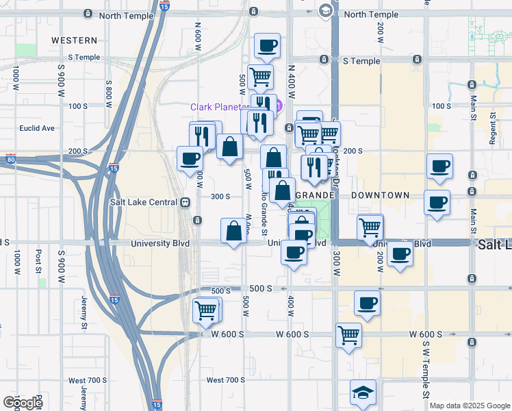 map of restaurants, bars, coffee shops, grocery stores, and more near 300 South Rio Grande Street in Salt Lake City