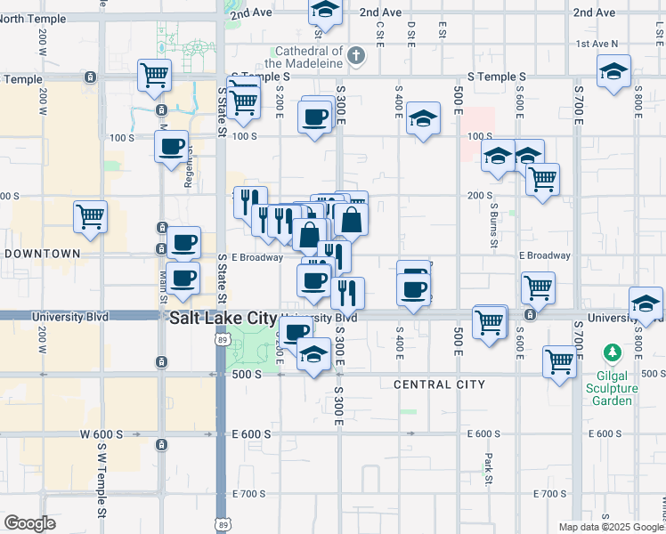 map of restaurants, bars, coffee shops, grocery stores, and more near 310 South 300 East in Salt Lake City