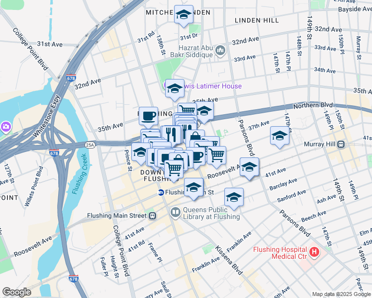 map of restaurants, bars, coffee shops, grocery stores, and more near 136-75 37th Avenue in Queens