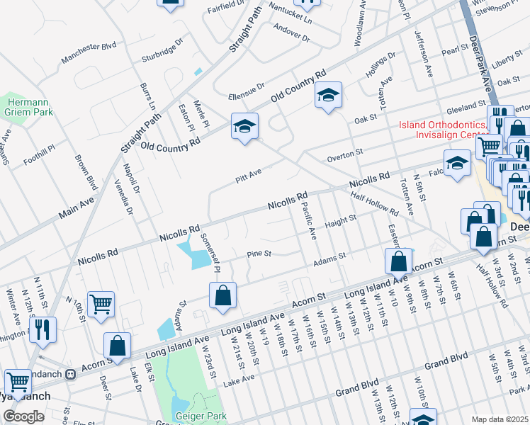 map of restaurants, bars, coffee shops, grocery stores, and more near 392 Nicolls Road in Deer Park