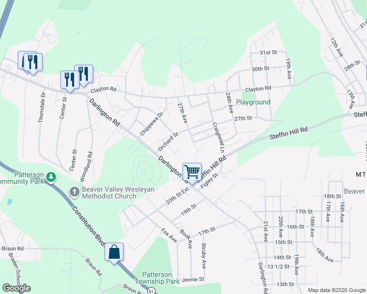 map of restaurants, bars, coffee shops, grocery stores, and more near 2609 Dechellis Street in Beaver Falls