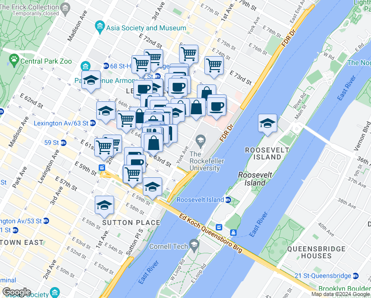 map of restaurants, bars, coffee shops, grocery stores, and more near 876 East 65th Street in New York
