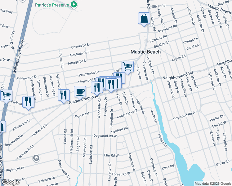 map of restaurants, bars, coffee shops, grocery stores, and more near 354 Neighborhood Road in Mastic Beach