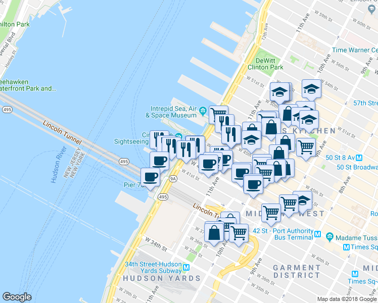 map of restaurants, bars, coffee shops, grocery stores, and more near 2005 Hudson River Greenway in New York