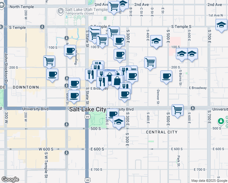 map of restaurants, bars, coffee shops, grocery stores, and more near 230 East Broadway in Salt Lake City