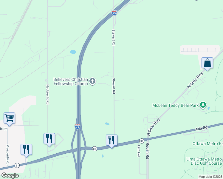 map of restaurants, bars, coffee shops, grocery stores, and more near 1675 Stewart Road in Lima