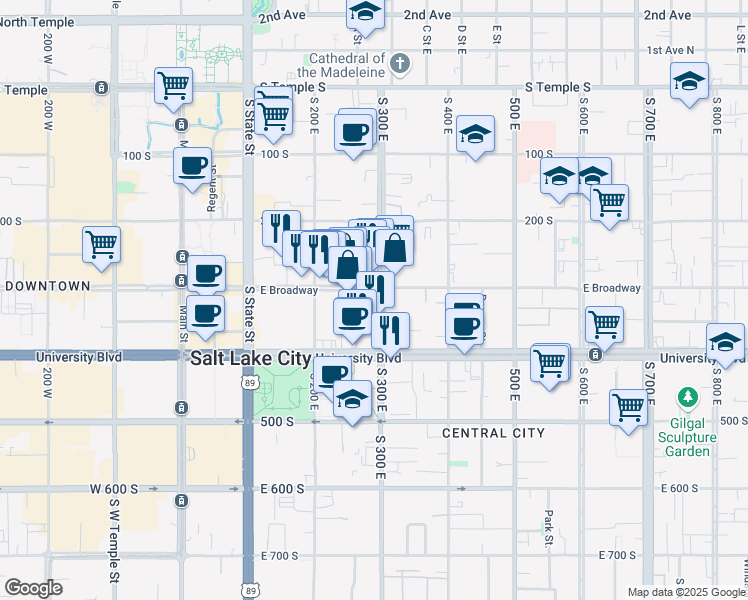 map of restaurants, bars, coffee shops, grocery stores, and more near 310 South 300 East in Salt Lake City