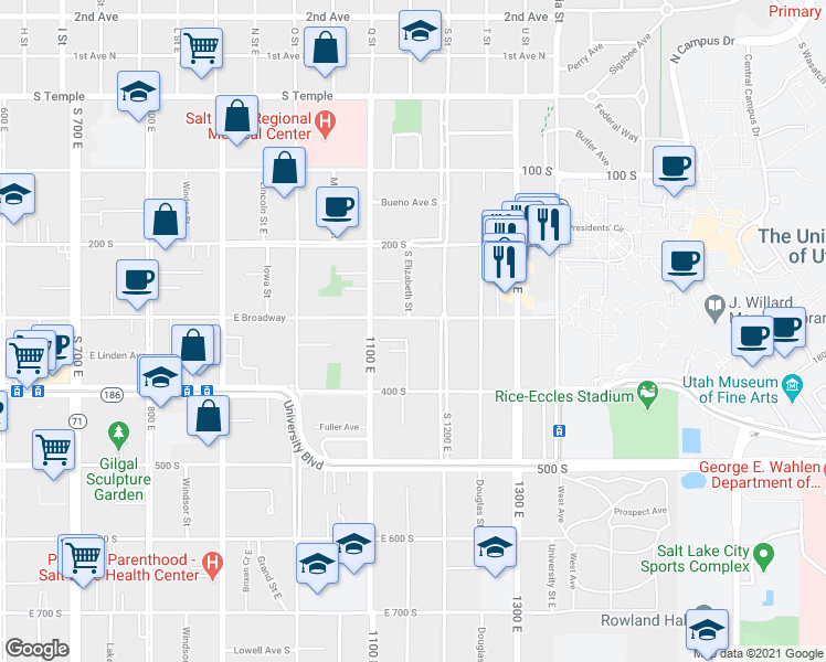 map of restaurants, bars, coffee shops, grocery stores, and more near 1144 East 300 South in Salt Lake City