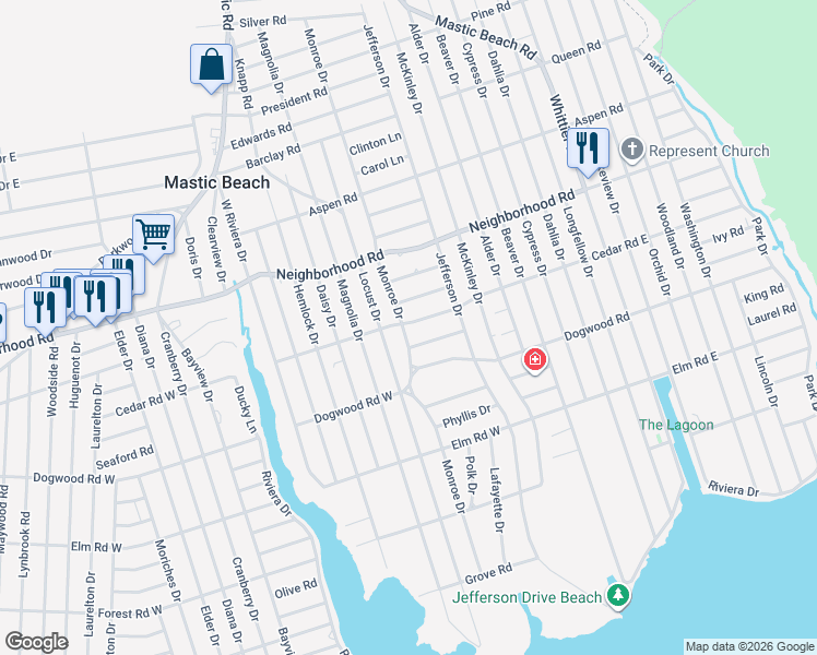 map of restaurants, bars, coffee shops, grocery stores, and more near 157 Monroe Drive in Mastic Beach