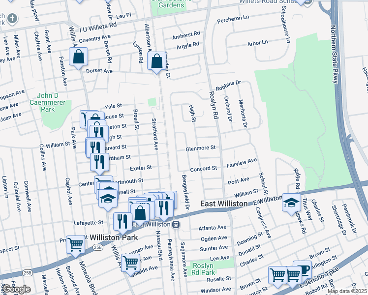 map of restaurants, bars, coffee shops, grocery stores, and more near 179 Glenmore Street in East Williston