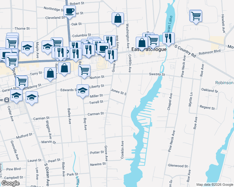 map of restaurants, bars, coffee shops, grocery stores, and more near 10 Jones Street South in Patchogue