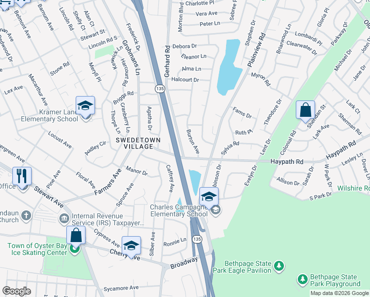 map of restaurants, bars, coffee shops, grocery stores, and more near 174 Gerhard Road in Plainview