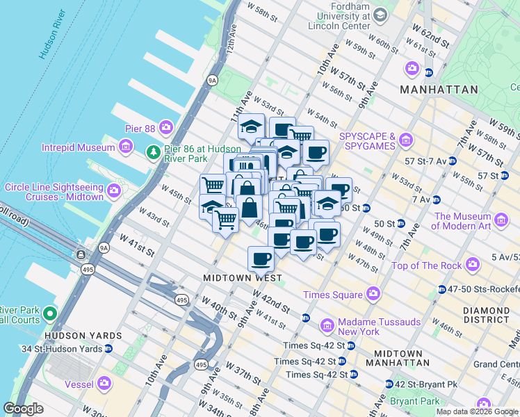 map of restaurants, bars, coffee shops, grocery stores, and more near 447 West 47th Street in New York