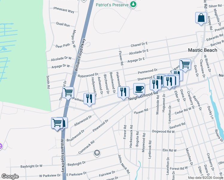 map of restaurants, bars, coffee shops, grocery stores, and more near 9 Birchwood Drive in Shirley
