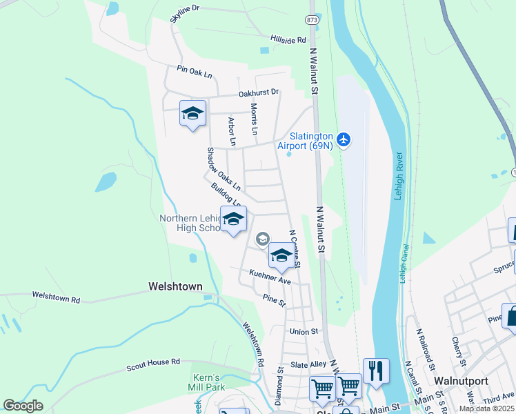 map of restaurants, bars, coffee shops, grocery stores, and more near 1055 Shadow Oaks Lane in Slatington