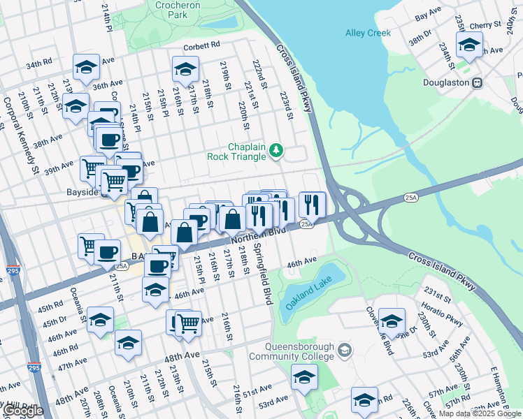 map of restaurants, bars, coffee shops, grocery stores, and more near 219-20 43rd Avenue in Queens