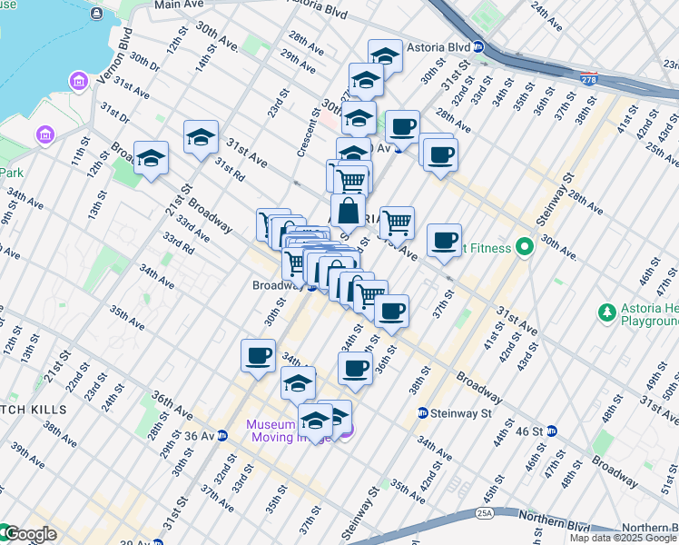 map of restaurants, bars, coffee shops, grocery stores, and more near 31-64 32nd Street in Queens