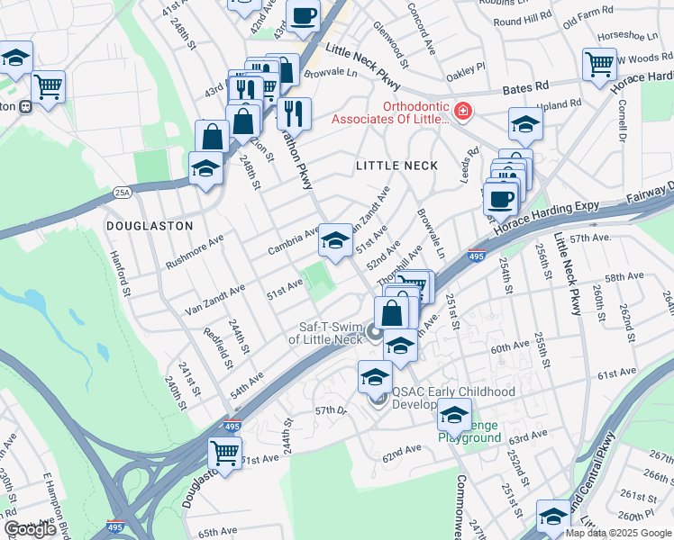 map of restaurants, bars, coffee shops, grocery stores, and more near 51-60 Marathon Parkway in Queens