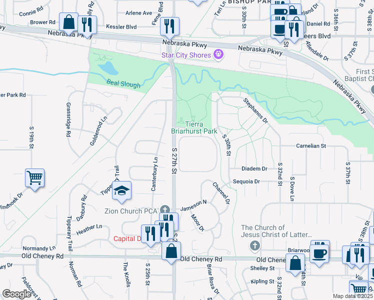 map of restaurants, bars, coffee shops, grocery stores, and more near 5120 Emerald Drive in Lincoln