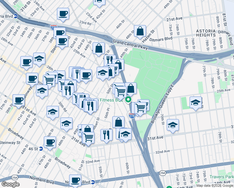 map of restaurants, bars, coffee shops, grocery stores, and more near 25-66 Borough Pl in Queens